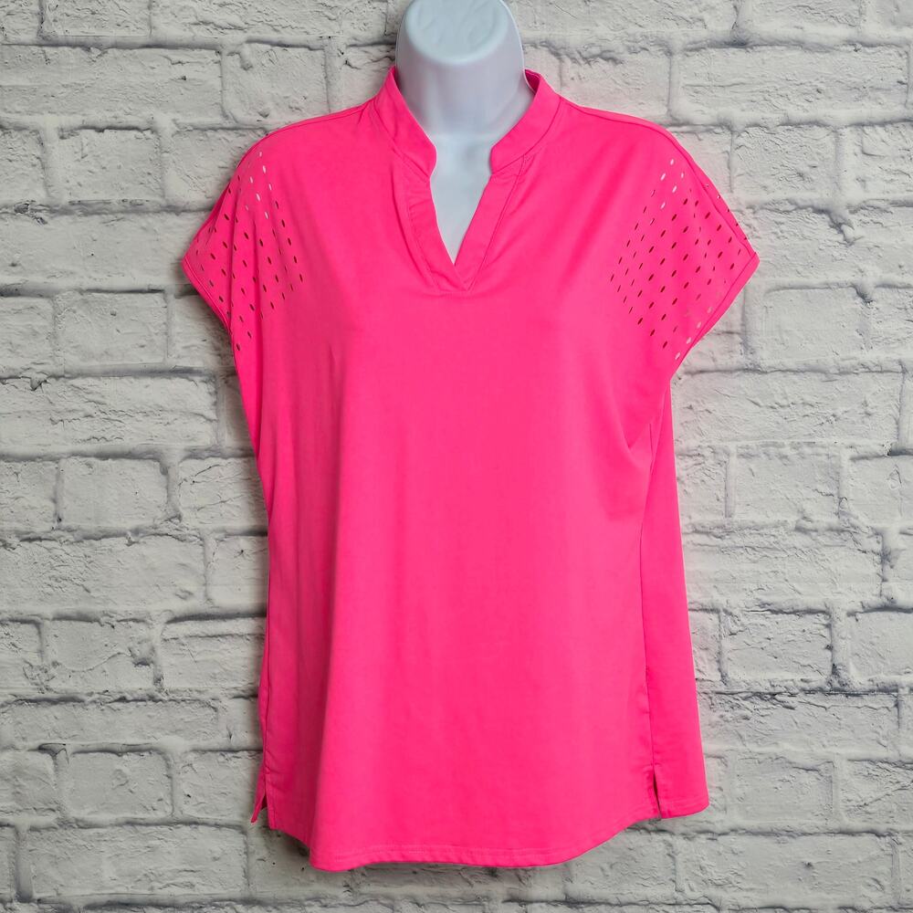 🌼Felisou Top Womens Size Medium V Neck Golf Shirt Pink TINY FLAW